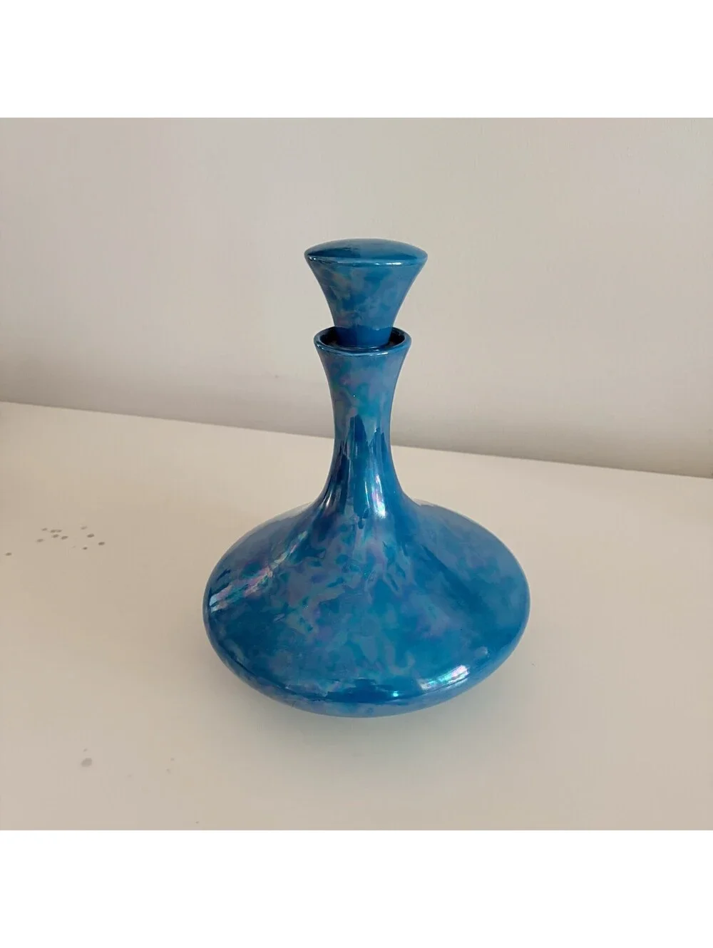 Vintage Glass Genie Decanter Vase with Stopper Blue Handmade MCM